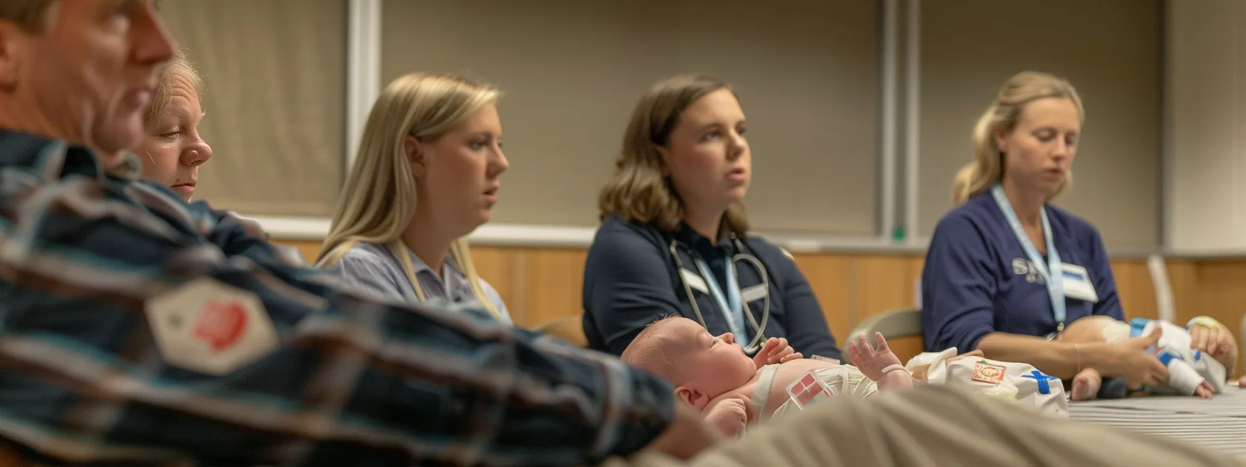 a group of professionals demonstrating infant cpr techniques in a classroom setting in columbus.